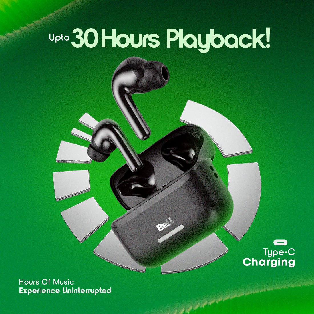BeLL Bliss Pods – Black | 30H Playback, ANC up to 32dB, IPX4 Water-Resistant