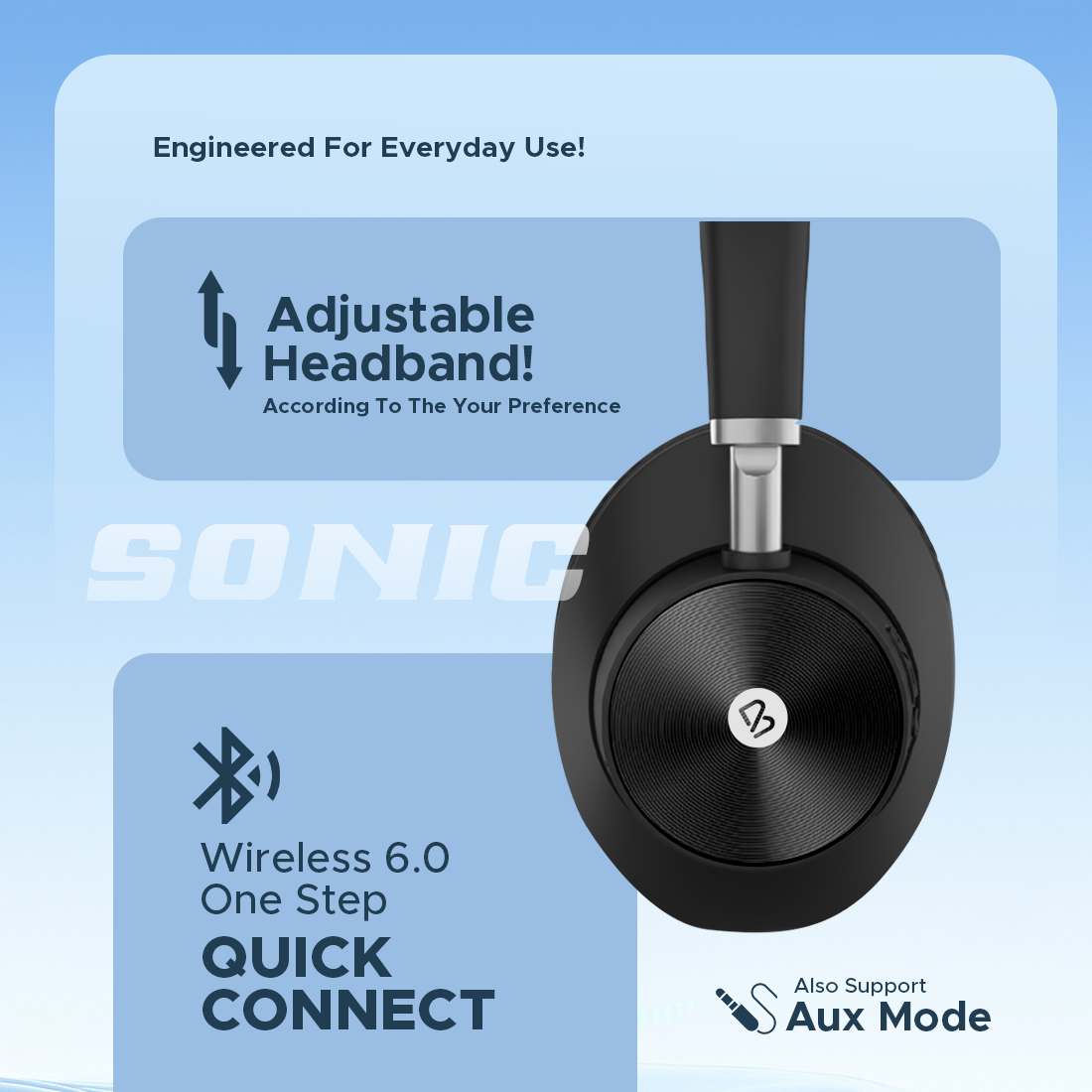 Bell Sonic Wireless Bluetooth Headphones | Deep Bass Over-Ear Headphones with 10-Hour Playback, Adjustable Headband & AUX Mode