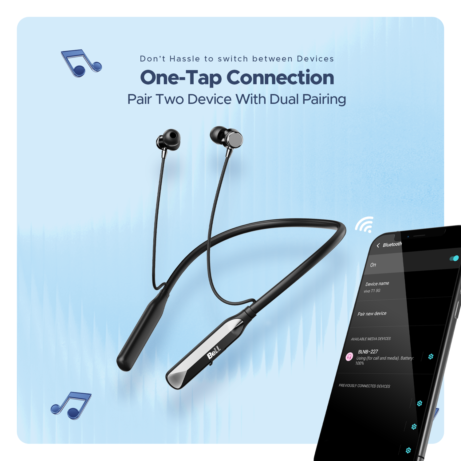 Bell Classic Series BLNB-227 Wireless Neckband Headphones – 48H Playtime, Metal Earbuds, ENC Noise Reduction, Vibration Alert