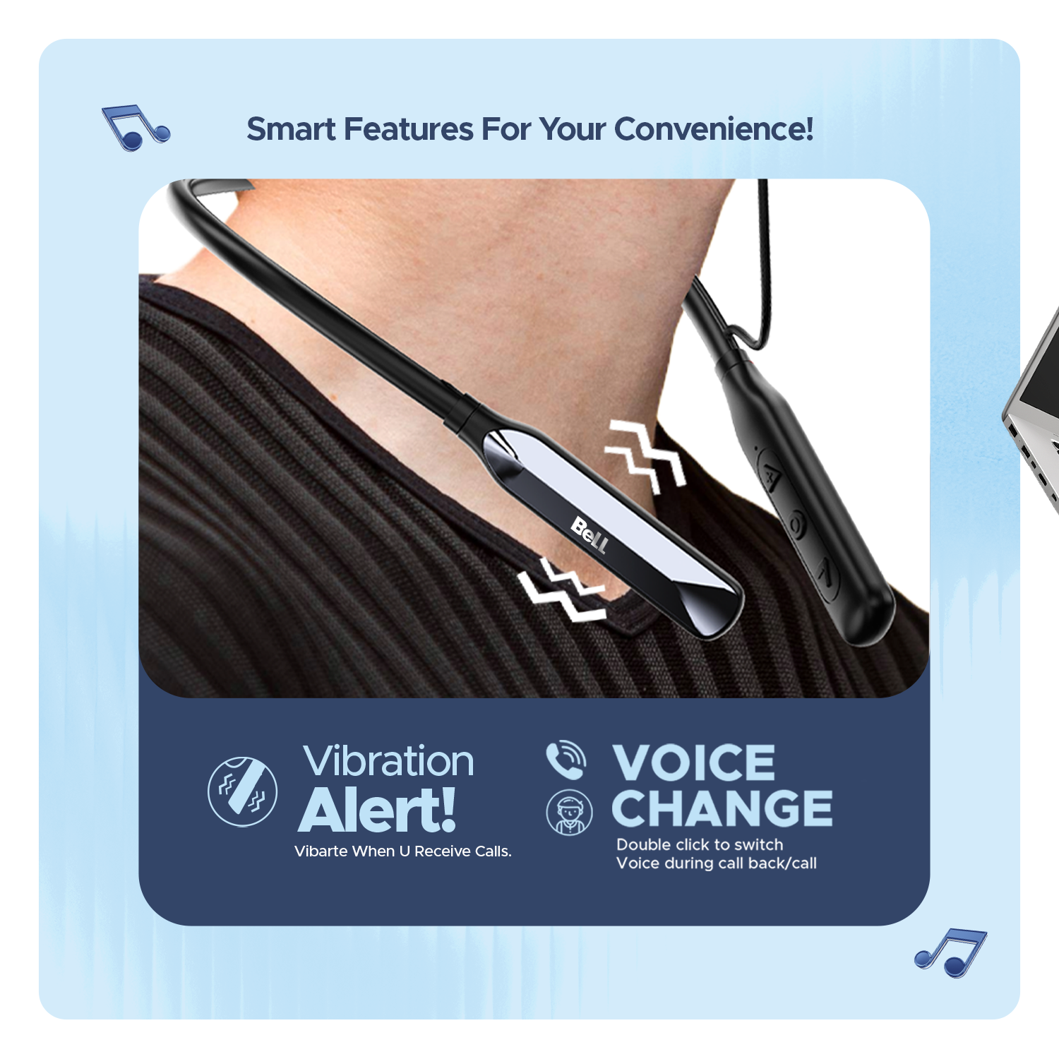 Bell Classic Series BLNB-227 Wireless Neckband Headphones – 48H Playtime, Metal Earbuds, ENC Noise Reduction, Vibration Alert