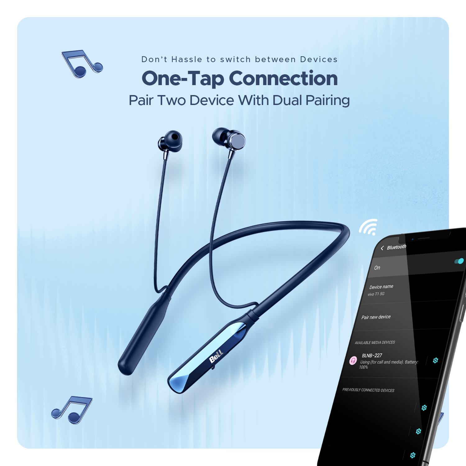 Bell Classic Series BLNB-227 Wireless Neckband Headphones – 48H Playtime, Metal Earbuds, ENC Noise Reduction, Vibration Alert