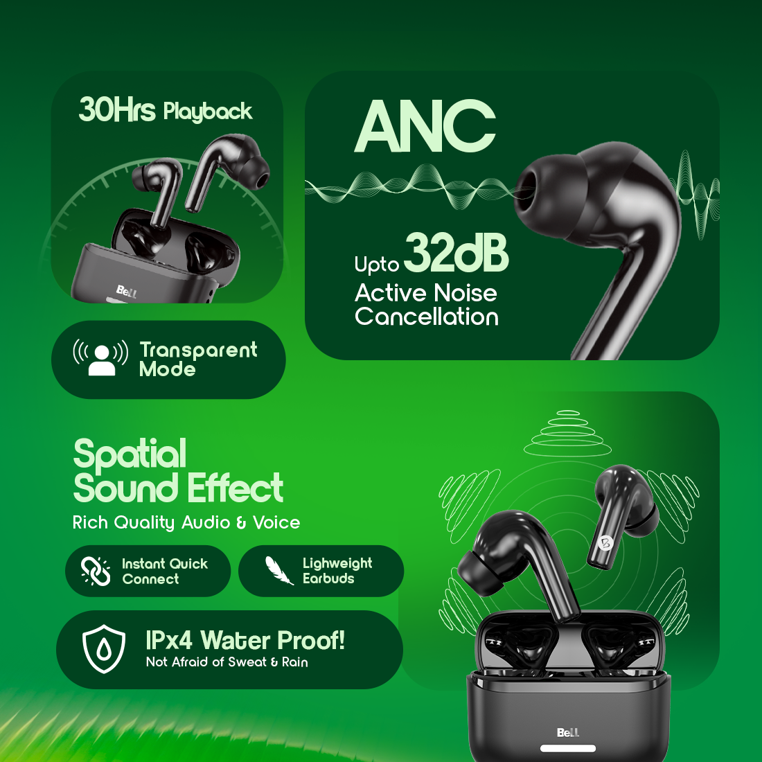 BeLL Bliss Pods – Black | 30H Playback, ANC up to 32dB, IPX4 Water-Resistant