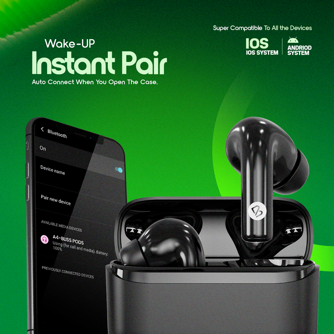 BeLL Bliss Pods – Black | 30H Playback, ANC up to 32dB, IPX4 Water-Resistant