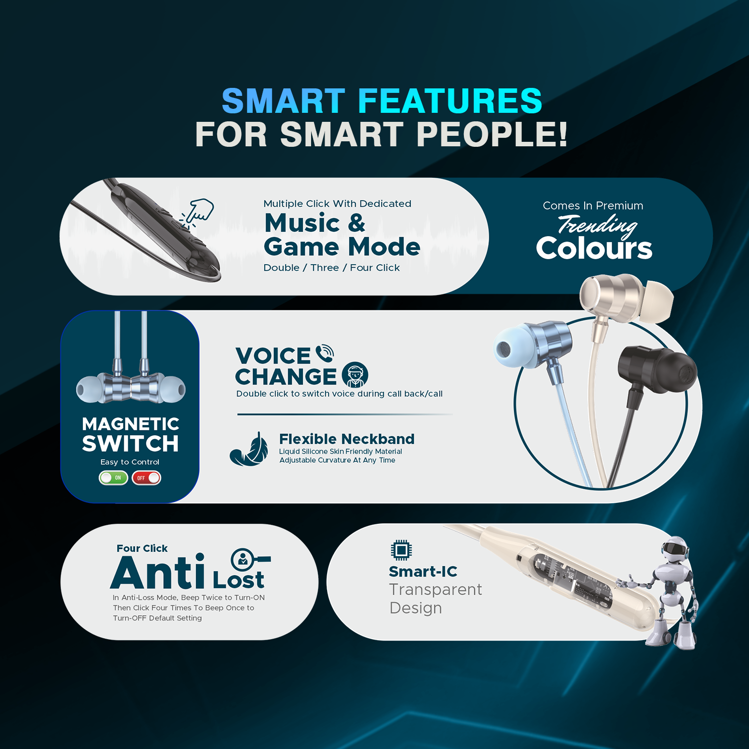 BeLL Clear Pods Wireless Neckband – Smart IC | Magnetic Switch | Voice Change | Anti-Lost Mode | Premium Colors