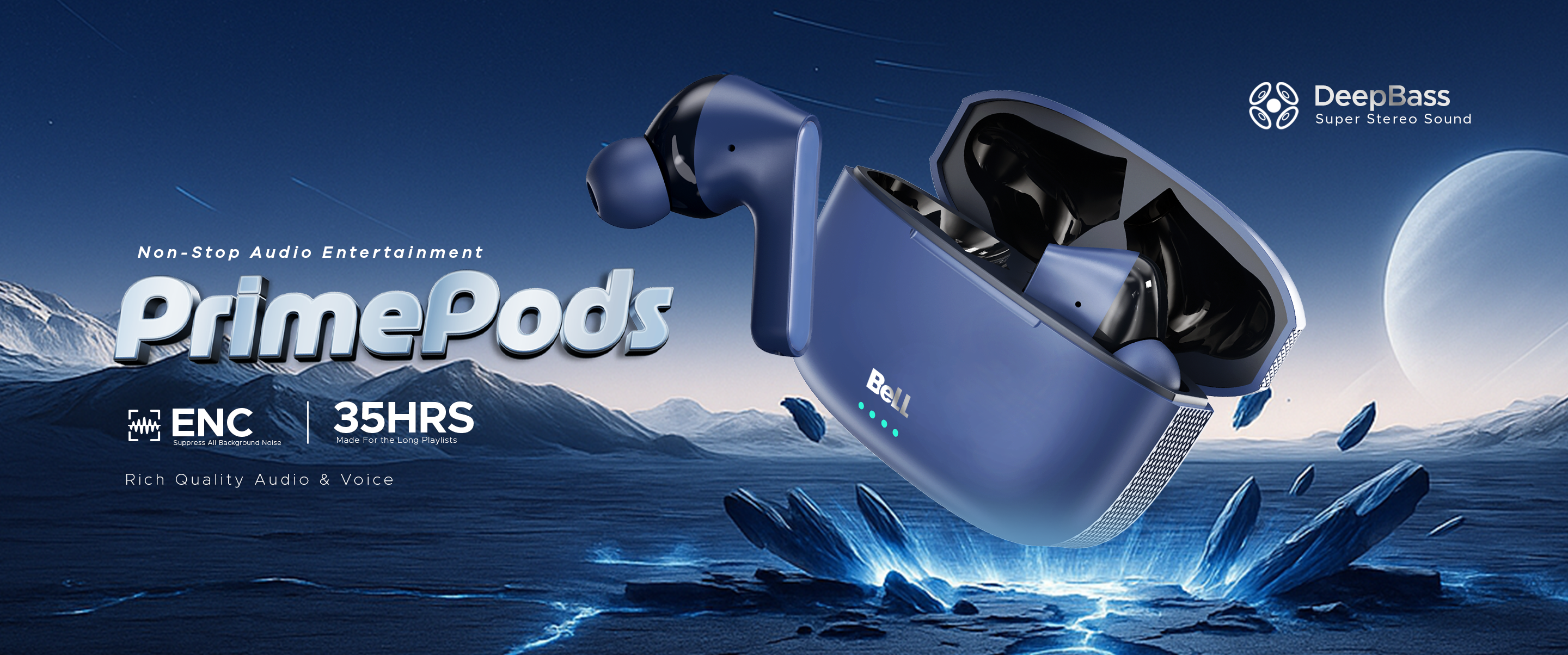PrimePods wireless earbuds with charging case on a space-themed background